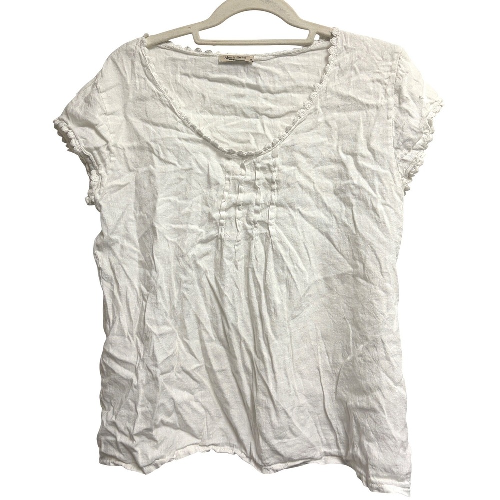 Alessia Pacini Italian Linen Lace Trim Pintuck White Blouse Top Medium